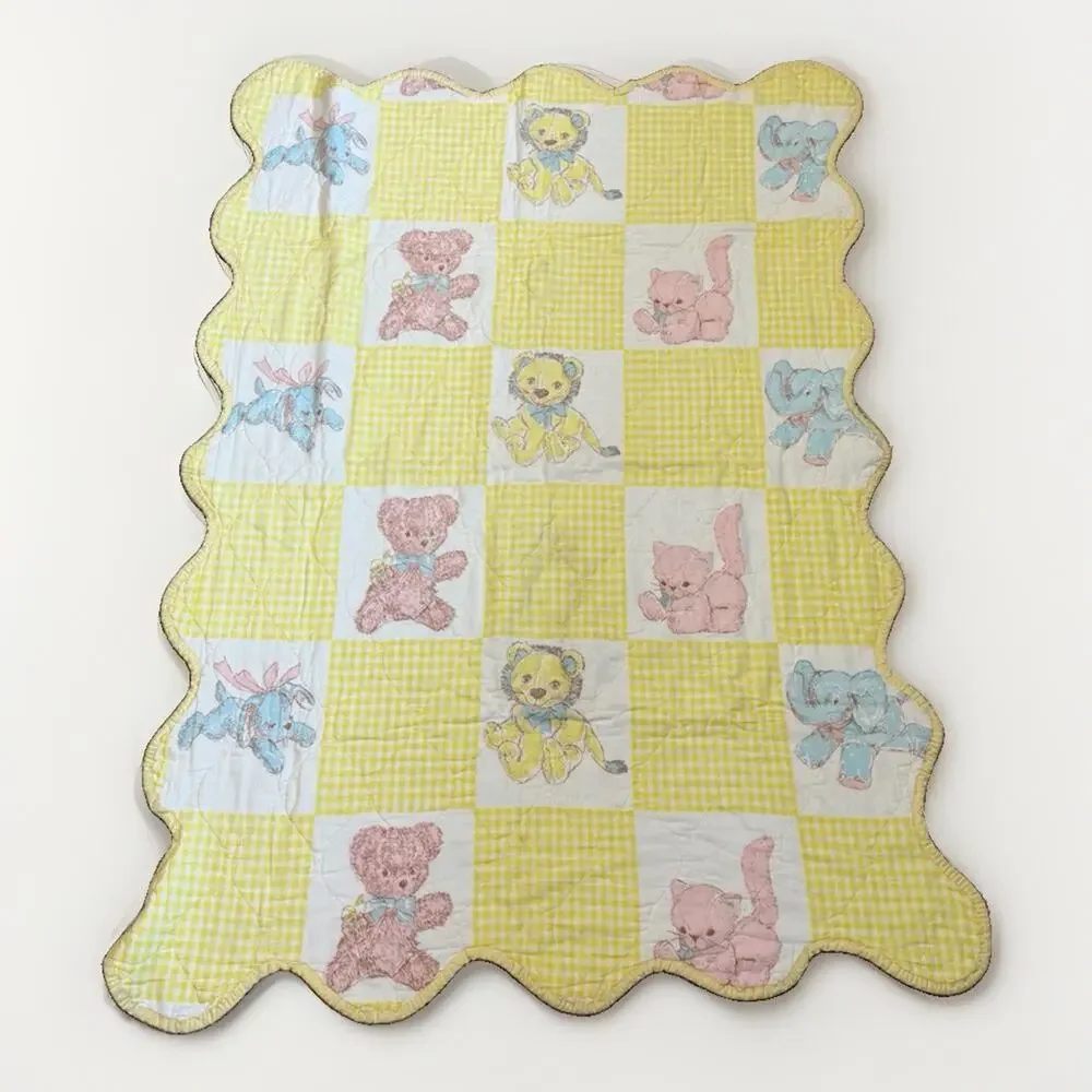 Vintage Baby Quilt Coverlet 33x42 Teddy Bear Bunny Gingham Nursery Handmade